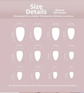 Guide des tailles détaillé pour ongles amande avec 12 dimensions de 7 mm à 14,1 mm