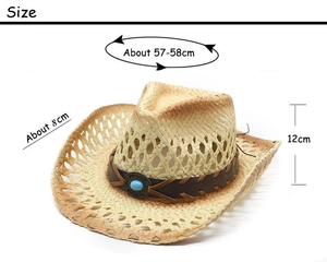 Detailed dimensions of Western straw hat with turquoise bead and leather band
