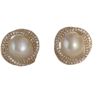 Elegant gold plated pearl stud earrings with sparkling cubic zirconia on white background