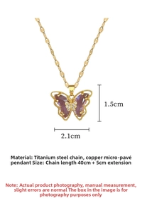 Detailed size view of hollow butterfly pendant necklace with purple stones and measurements