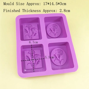Purple silicone mold with four flower cavities for DIY handmade soap and cake baking