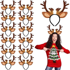 Macro shot of 13-piece set of brown reindeer antler headbands with soft plush fabric texture