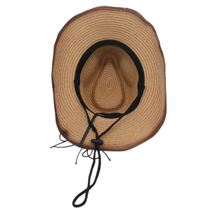 Detail of western straw hat featuring interior sweatband and adjustable chin strap