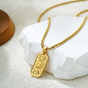 18K gold plated stainless steel square evil eye pendant necklace on a twist chain