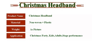 Detailed technical specifications table for non-woven and plastic Christmas headbands