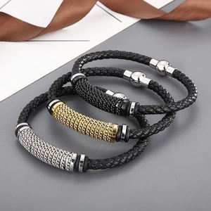 Bracelet tressé en cuir et acier titane pour homme avec fermoir magnétique tricolore