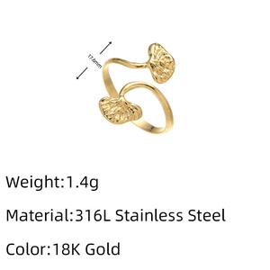 Detail of 18K gold stainless steel ginkgo leaf ring with 17.6mm size and 1.4g weight specs