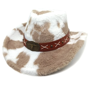 Ethnic cow print faux fur western cowboy hat with cattle head buckle decoration