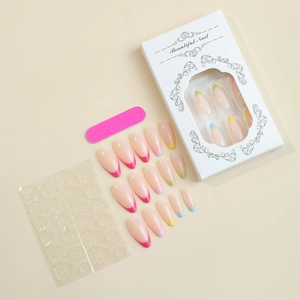 French tip almond press-on nails set with colorful edges and pink base in packaging