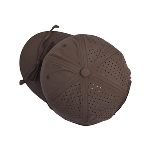 Detail of dark brown breathable baseball cap with laser-cut holes and adjustable cord