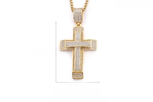 Detailed view of 18K gold plated cross pendant with white zircon inlays and dimensions