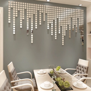 Silver square acrylic mirror wall stickers in decorative waterfall arrangement for home