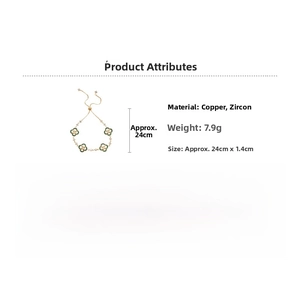 Détail du bracelet trèfle doré avec zircons verts et spécifications de taille