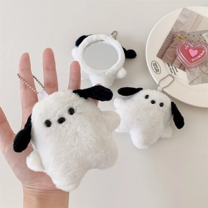 Cute white plush puppy keychain and portable pocket mirror with soft faux fur texture