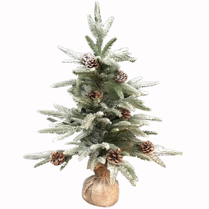 Miniature PE Christmas tree with snow-dusted branches, pine cones and burlap base