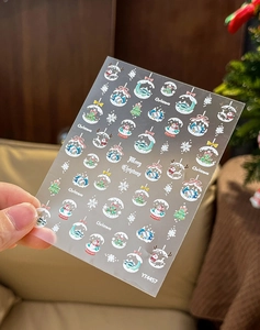 Detail of 3D embossed Christmas nail stickers with snowman and snowflake designs