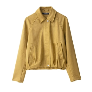Women Suede Bomber Jacket Zipper Up Turn Down Collar Short Coat Long Sleeve Mustard Yellow Fashion Casual Outwear