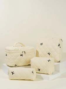 Quilted Cotton Makeup Bag Embroidered Bow Cosmetic Case Large Capacity Travel Toiletry Organizer Portable For Women Sweet