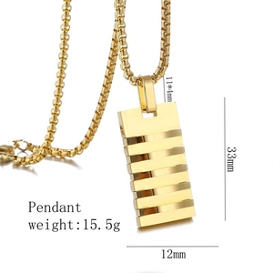 Detailed dimensions of gold stainless steel rectangle pendant with box chain measurements