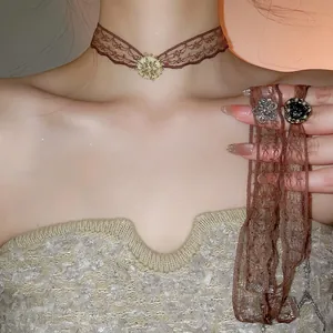 Vintage Brown Lace Choker Necklace Alloy Heart Flower Sun Pendant Rhinestone Imitation Artificial Pearl Neck Chain For Women