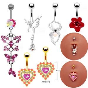 Piercings de nombril tendance avec motifs papillon, cœur et rose et incrustation de zircon