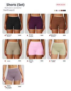 Vista dettagliata che mostra pantaloncini da yoga a vita alta in sette colori sportivi