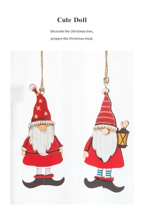 Detail of red and white wooden Christmas gnome ornaments with jute rope hanging loops