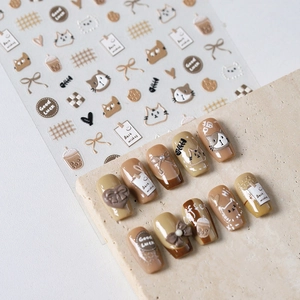Adesivi Per Nail Art In Rilievo 5D Stile Maillard Simpatico Gatto Caffè Fiocco Motivi Autoadesivi Decorazione Manicure DIY