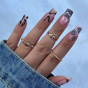Brown Pink Heart Leopard Press On Nails Coffin Fake Nails With Glue For Women Sweet Style Manicure Art Decoration