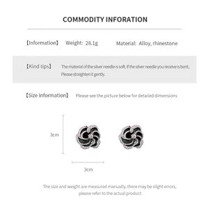 Detailed size chart for floral rhinestone earrings showing 3cm dimensions and 28.1g weight