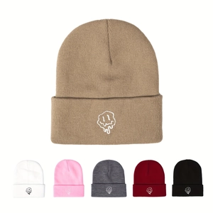 Melting Smile Face Embroidery Beanie Hat Acrylic Knitted Cuffed Warm Casual Streetwear For Men Women