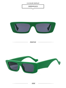 Detail view of green rectangular vintage sunglasses with thick temples and dark lenses
