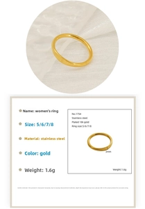 Macro detail of 3mm wide 18k gold plated stainless steel ring showing size specifications