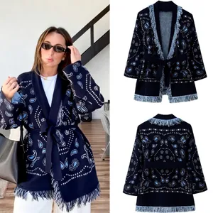 Women Paisley Print Knitted Cardigan Jacket Long Sleeve Fringe Tassel Belted Boho Style Navy Blue