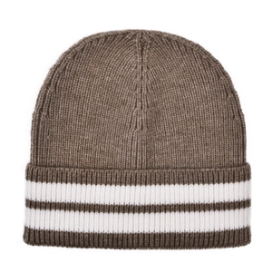 Detail of dark coffee wool knit beanie with parallel white stripes and thick ribbed texture