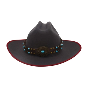 British style charcoal wool fedora hat with red brim edge and turquoise studded band