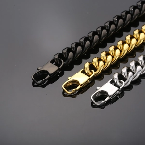 Men's stainless steel Cuban link bracelets in black, gold, and silver finishes