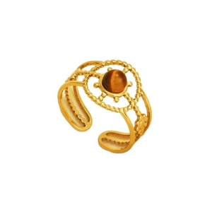 Retro stainless steel open ring featuring a round tiger eye stone in gold beadwork