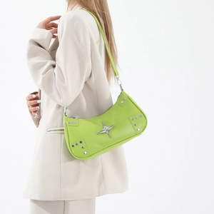 Minimalist green crescent PU leather shoulder bag with silver star and rivet accents