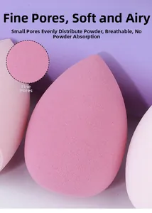 Macro detail of the fine pores on a soft pink teardrop-shaped makeup sponge