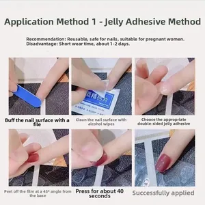 Step-by-step tutorial for applying reusable burgundy press-on nails using jelly glue pads