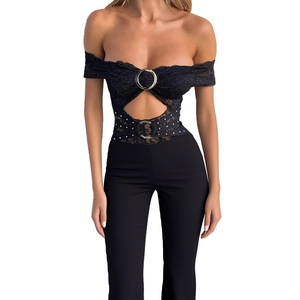 Sexy black lace patchwork bodysuit with cutout waist and off-shoulder design for women
