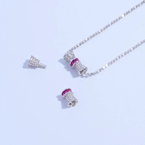 S925 silver cylinder necklace with sparkling crystals and red gemstone pendant set