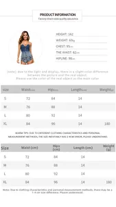 Tabella taglie per shorts in denim a vita bassa con misure S-XL e dati della modella
