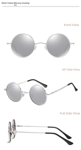 Detailed views of vintage round metal sunglasses with silver frames and mirrored lenses