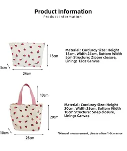 Guide des tailles des sacs cabas en velours à fraises avec détails des fermetures