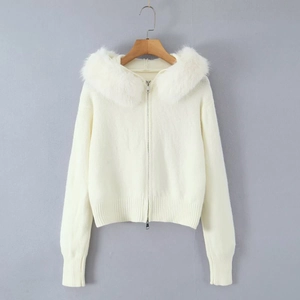 Women's cream white hooded cardigan with faux fur collar and zipper closure