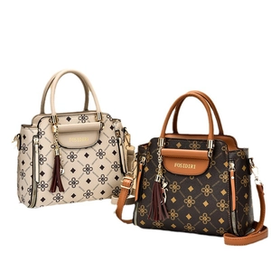 FOSIDIRI monogram tote bags in beige and brown with tassel charms and shoulder straps
