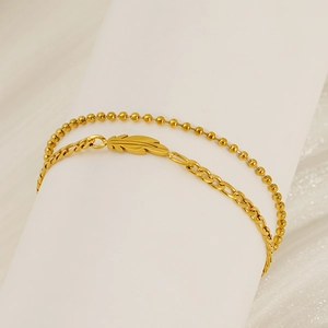 Layered Double Chain Bracelet 18K Gold Plated Stainless Steel Feather Pendant Ball Figaro Chain Jewelry For Women
