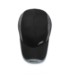Detail of black breathable mesh side panel on sports cap with white logo print